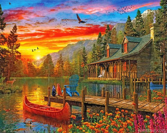 Cabin Evening Sunset Painting By Numbers Kits