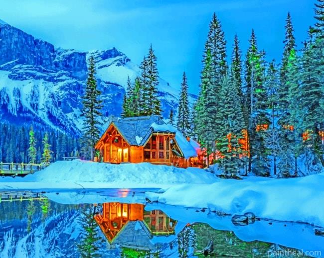 House In The Snow Near Lake Painting By Numbers Kits