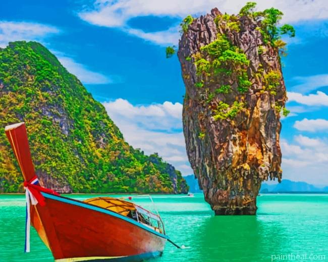 Boat In Phi Phi Island Coast Painting By Numbers Kits