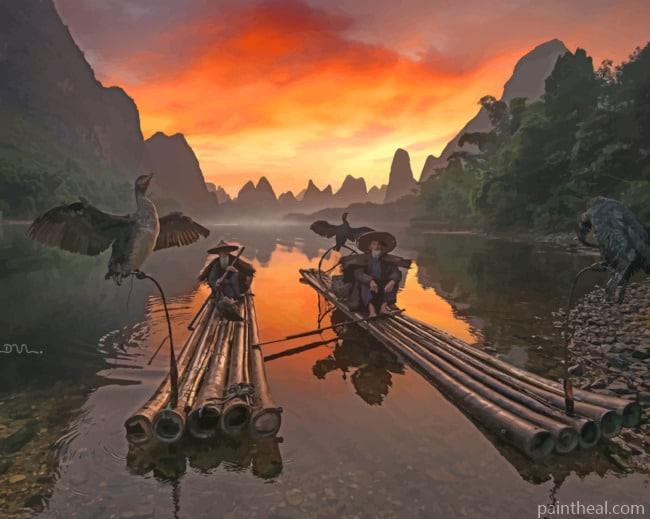 Two Chinese Men On Boats Painting By Numbers Kits