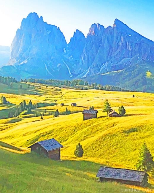 Houses Near The Rocky Mountains Painting By Numbers Kits