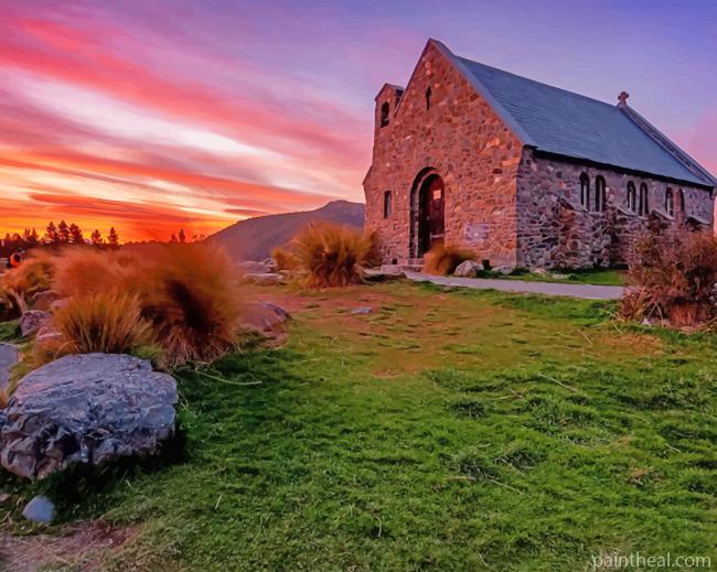 Church Of Good Shepherd Sunset Painting By Numbers Kits