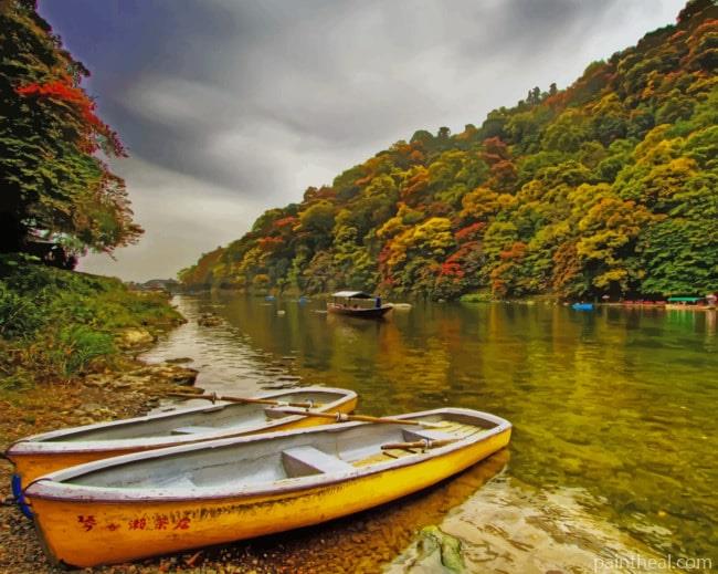 Boats In River Shore Painting By Numbers Kits