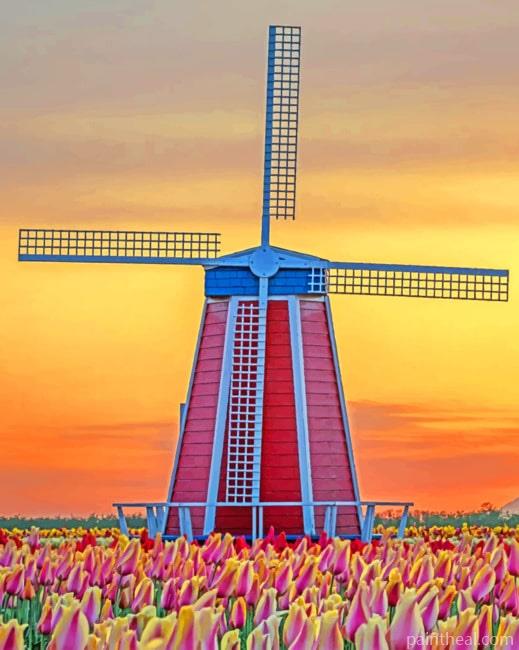 Windmill In Sunset Painting By Numbers Kits