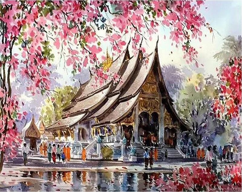 Cherry blossom Temple Painting By Numbers Kits