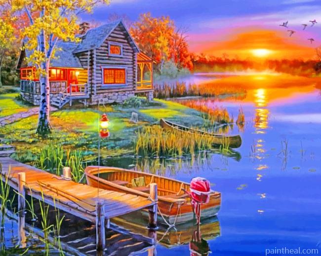 Fishing House Beside Lake Painting By Numbers Kits