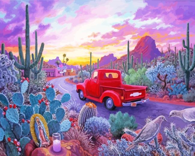 Red Truck In Succulent Desert Painting By Numbers Kits