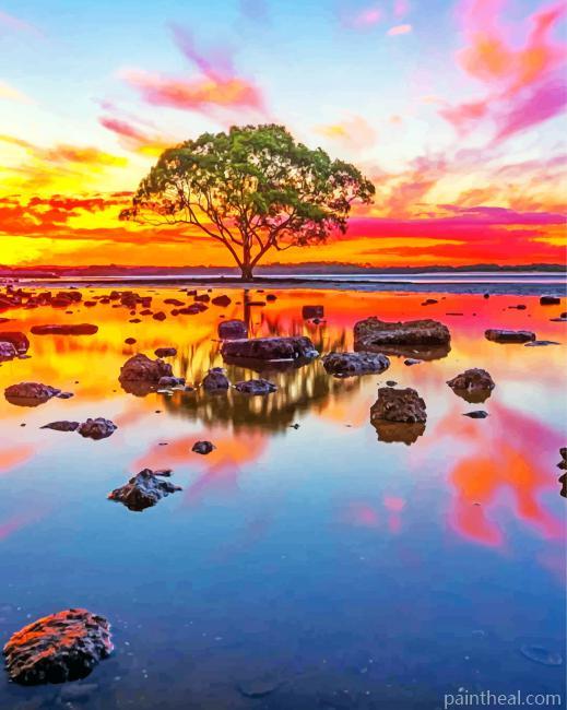 Lake Tree At Sunset Painting By Numbers Kits