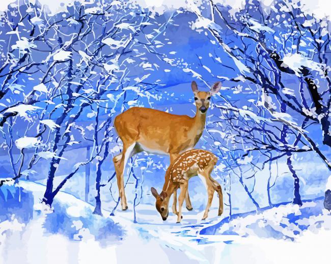 Doe And Her Fawn Winter Scene Painting By Numbers Kits