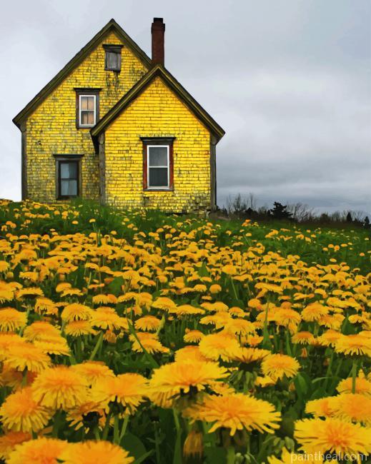 Yellow House In Flowers Field Painting By Numbers Kits