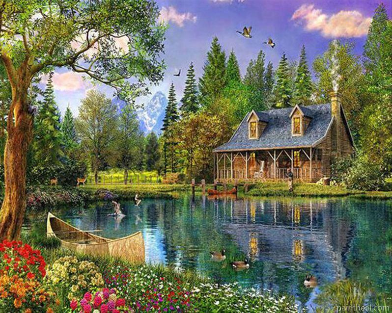 Cabin by the Lake Landscape Painting By Numbers Kits