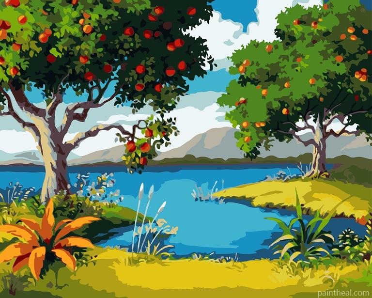 Apples Trees Near To Lake Painting By Numbers Kits