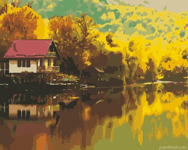 River Autumn Cottage Painting By Numbers Kits