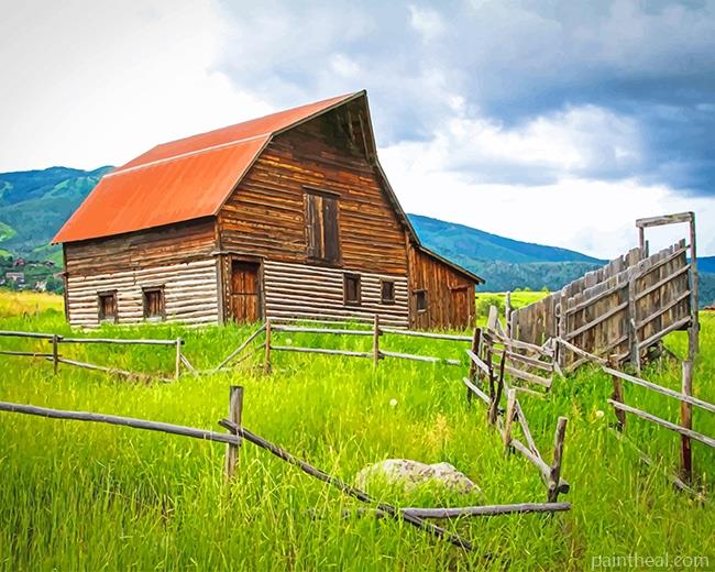 Cabin In Green Field Painting By Numbers Kits