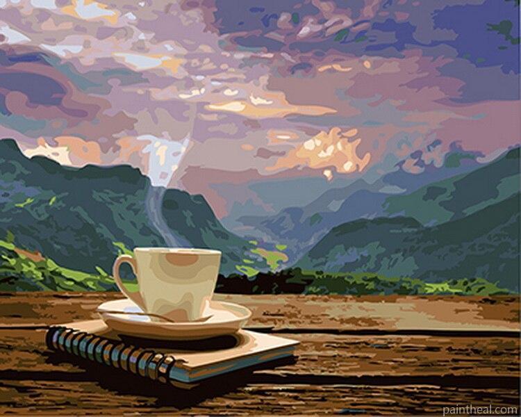 Coffee With Book Over Mountains Landscape Painting By Numbers Kits