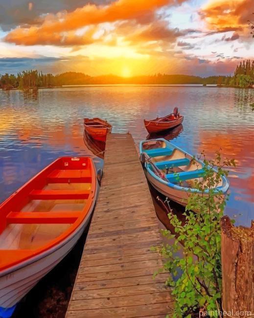 Sunset Boats In Lake Painting By Numbers Kits