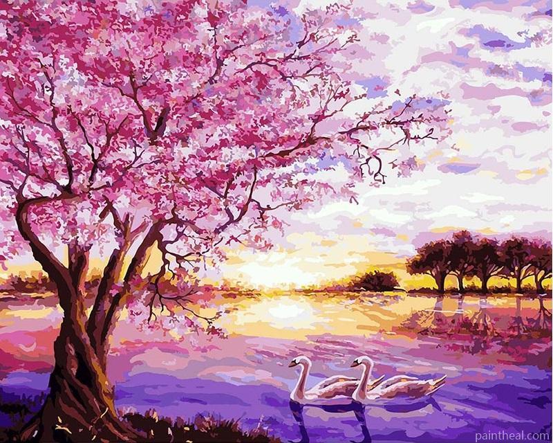 Beautiful Cherry Tree in the Lake Landscape Painting By Numbers Kits