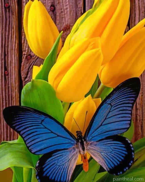 Blue Butterfly On Yellow Tulips Painting By Numbers Kits