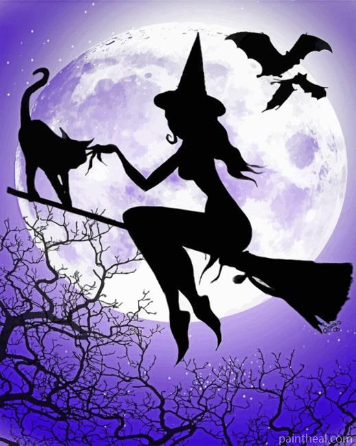 Witch And Cat Silhouette – 5D Diamond Painting Painting By Numbers Kits