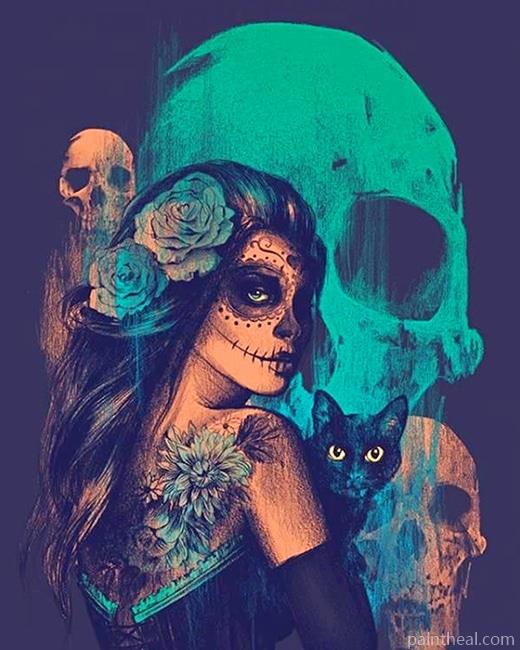 Skull Woman With Her Cat Painting By Numbers Kits