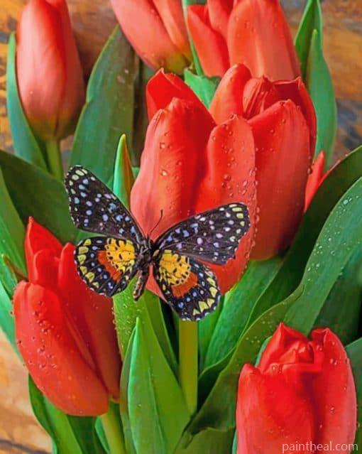 Black Butterfly And Tulips Painting By Numbers Kits