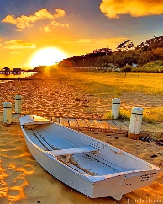 White Boat Sunset Painting By Numbers Kits