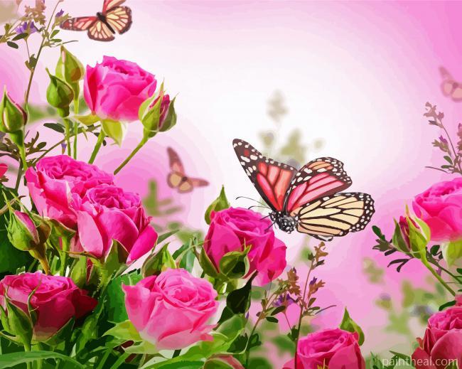 Pink Roses With Butterflies Painting By Numbers Kits