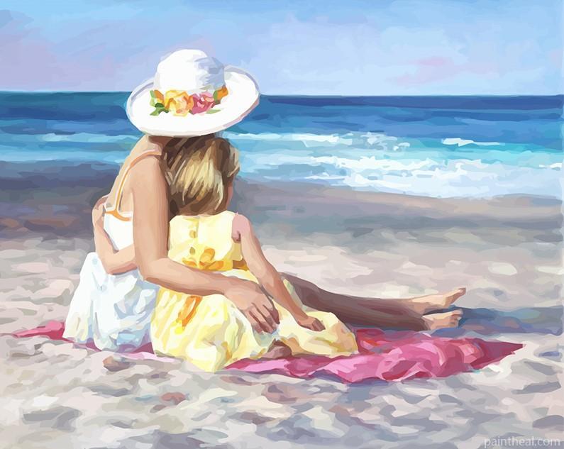 Mother And Daughter In Beach Painting By Numbers Kits