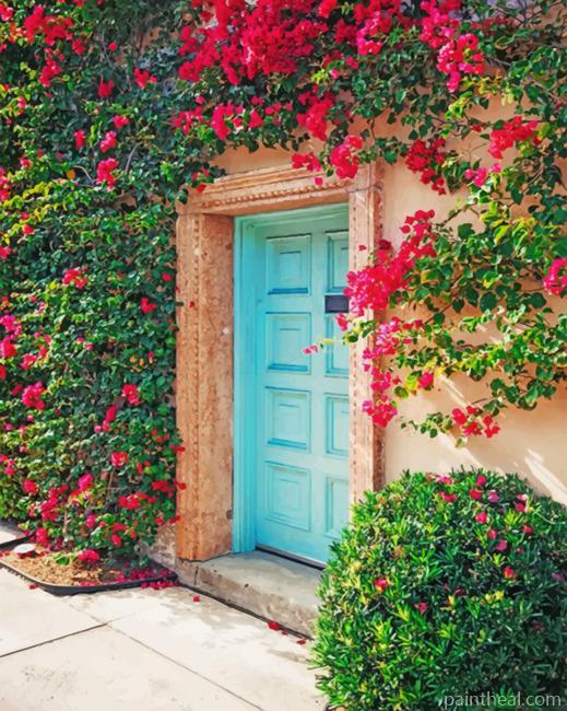Aesthetic Cyan Door And Bougainvillea Painting By Numbers Kits