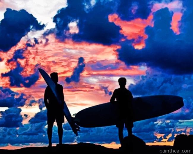 Surfers Silhouette In A Cloudy Day Painting By Numbers Kits