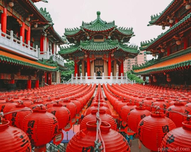 Green And Red Pagoda Temple Painting By Numbers Kits