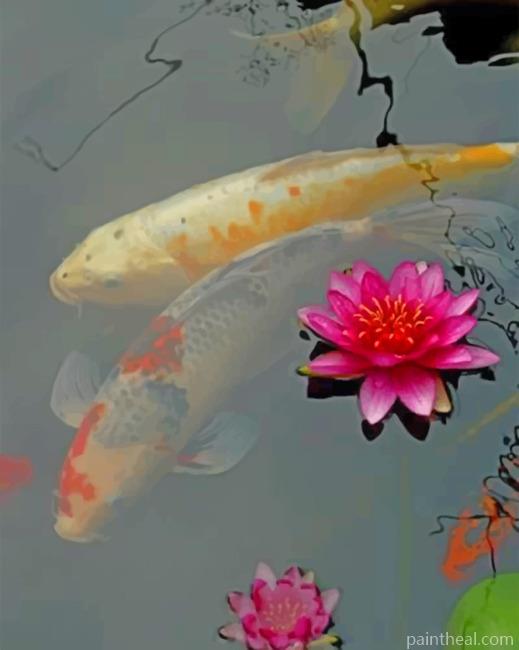 Pink Lotus And Koi Fishes Painting By Numbers Kits