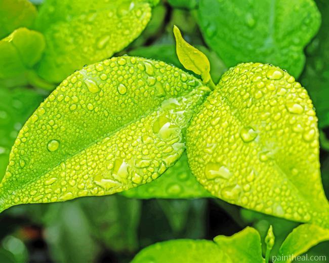 Green Leaves With Rain Drops Painting By Numbers Kits