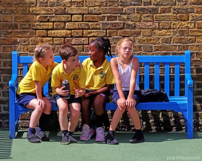 Children Sitting On A Blue Chair Painting By Numbers Kits