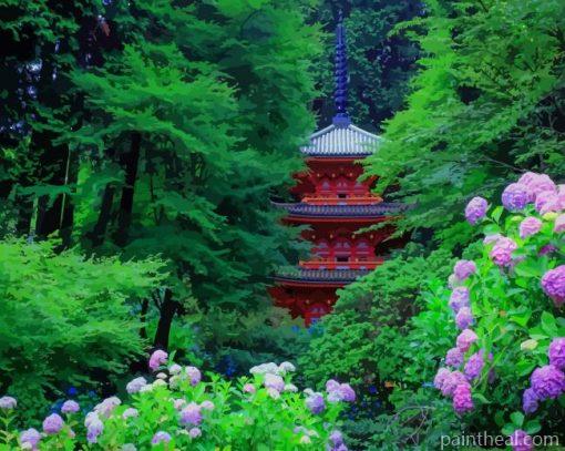 Hydrangea Asian Architecture – 5D Diamond Painting Painting By Numbers Kits