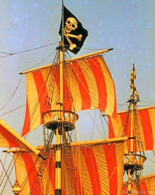 Red And White Striped Pirate Ship Painting By Numbers Kits