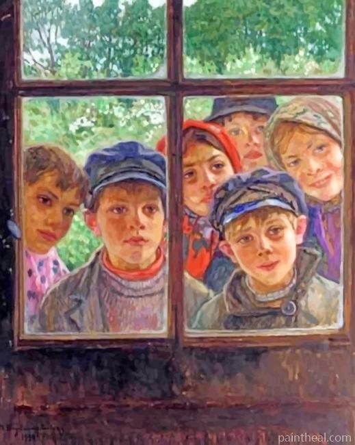 Kids Looking Through The Window Painting By Numbers Kits