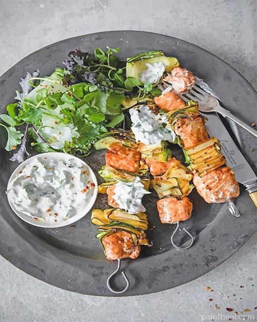 Paprika Lime Salmon Kebabs With Yoghurt Painting By Numbers Kits