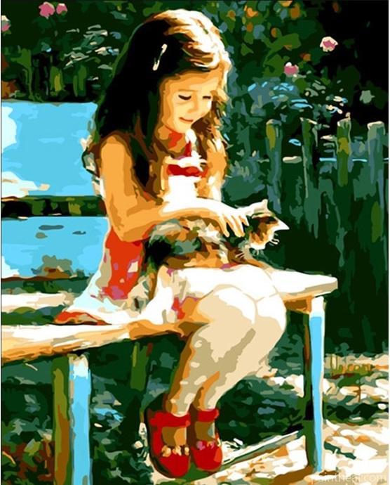 Little Girls With Cat Painting By Numbers Kits