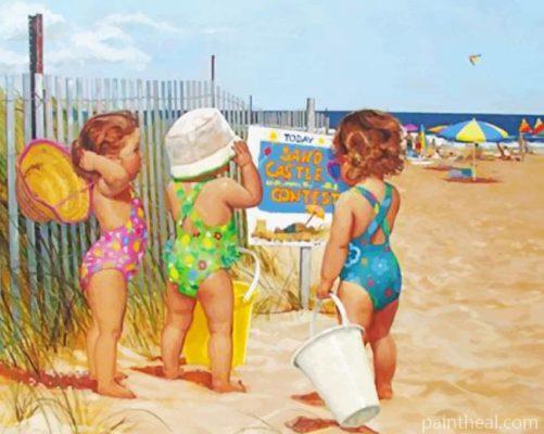 Baby Sisters On The Beach Painting By Numbers Kits