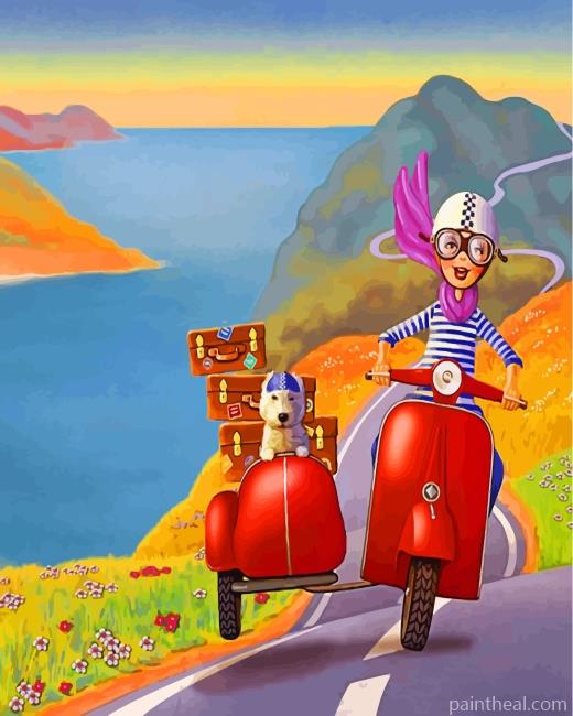 Girl And Dog On Motorcycle Painting By Numbers Kits