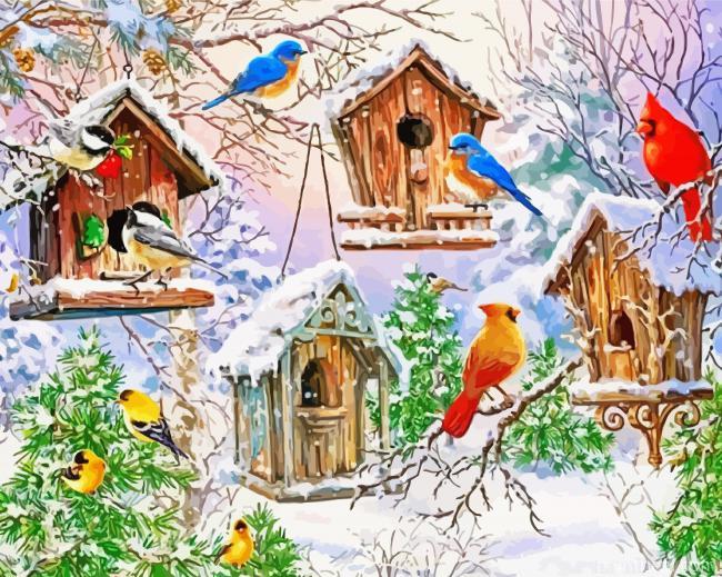 Winter Birdhouses Christmas Painting By Numbers Kits