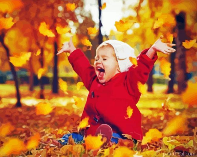 Happy Child Playing With Leaves Painting By Numbers Kits