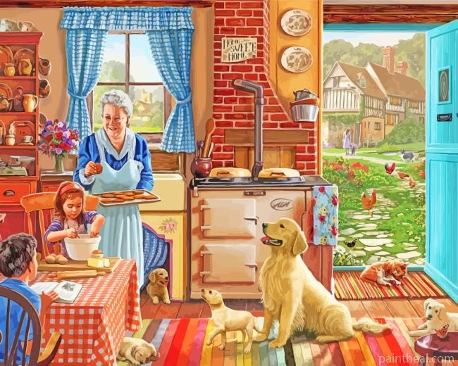 Kids And Grandma In Kitchen Painting By Numbers Kits