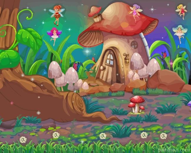 Mushroom House And Fairies Painting By Numbers Kits