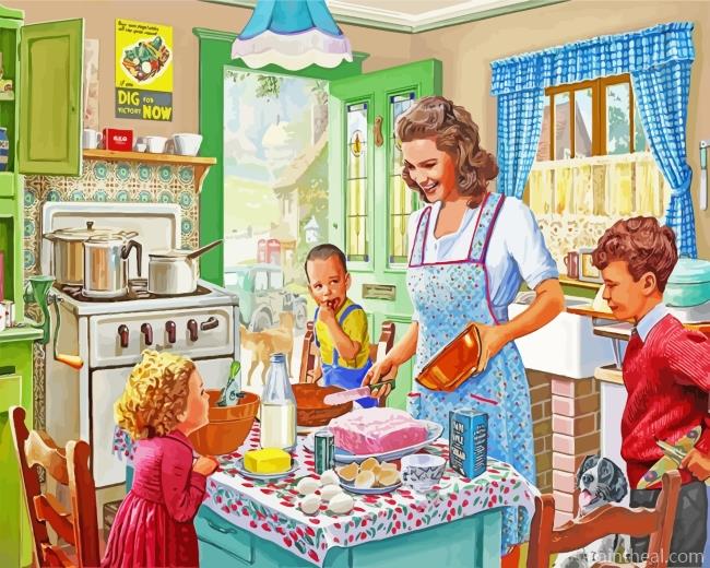 Mother And Kids In Kitchen Painting By Numbers Kits