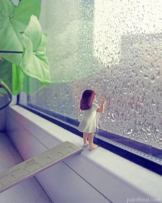 Girl Looking To Window In Rain Painting By Numbers Kits
