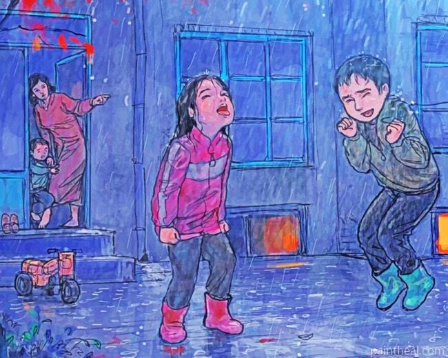 Kids Playing In Rainy Day Painting By Numbers Kits