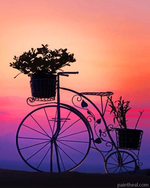 Flowers Basket In Bicycle Silhouette Painting By Numbers Kits