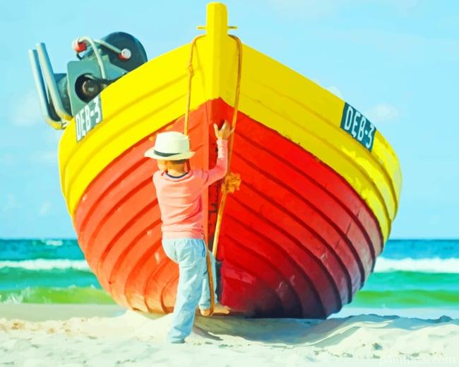 Boy Climbing Fishing Boat Painting By Numbers Kits